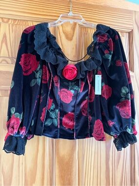 For Love & Lemons Black Velvet Rose Print Peasant Blouse